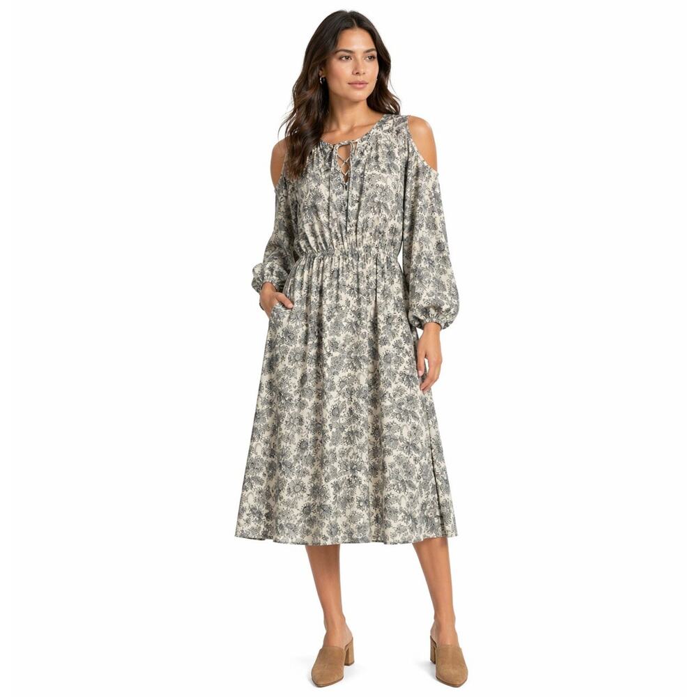 Derek Lam 10 Crosby Cream Black Floral 100% Silk Midi Dress Cutout Womens 4